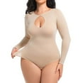 thumbnail image 2 of Women's Seamless Bodysuit Long Sleeve Tummy Control Shapewear Notch Crewneck Body Shaper Black Body Suit, 2 of 7