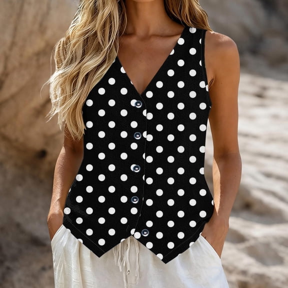 Uaswgudfs Women's V Neck Button Down Vest Classic Polka Dot Sleeveless Casual Summer Tops