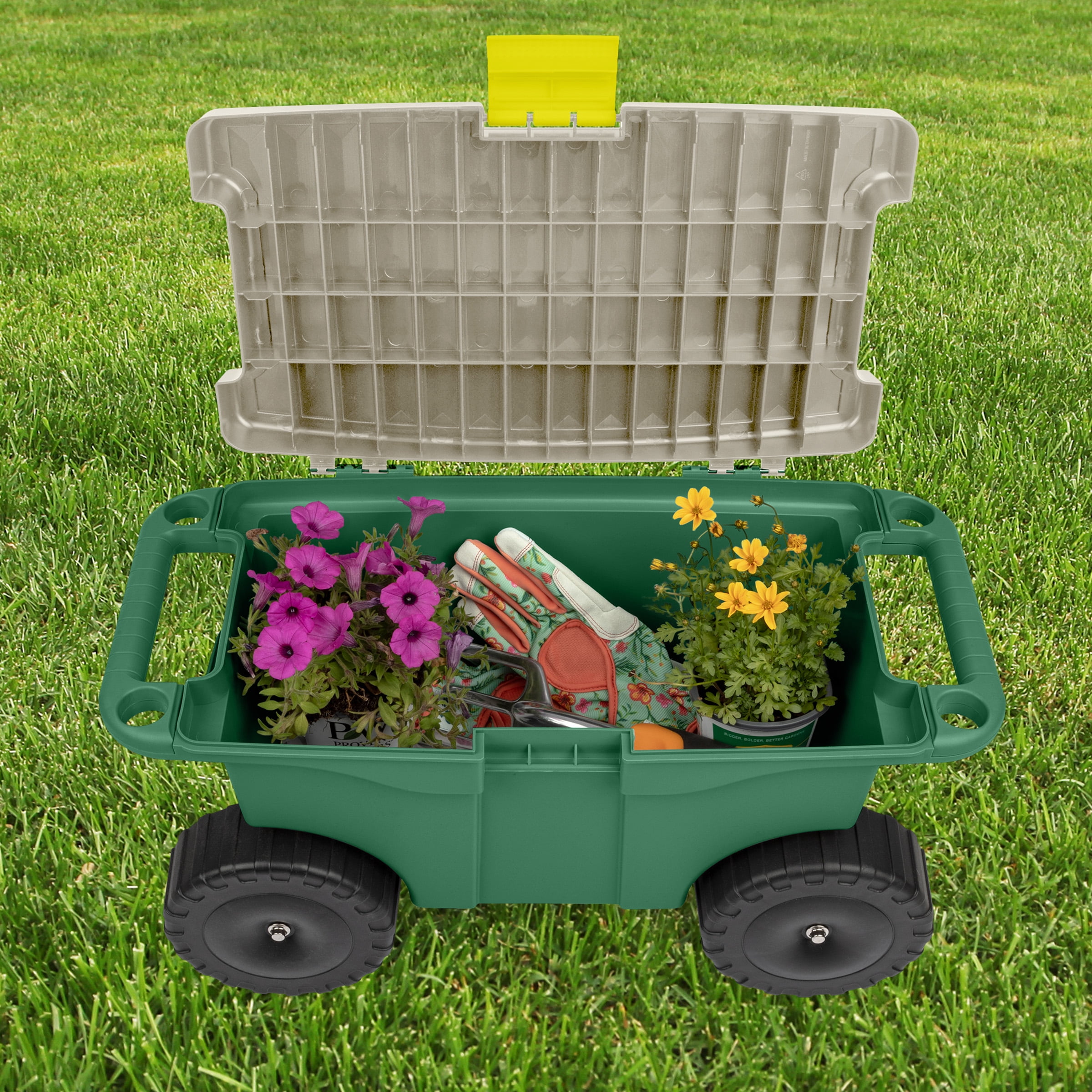 Pure Garden Rolling Garden Cart with Seat - Storage with Tool Tray (Green)