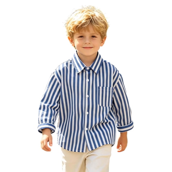 ZHOGXU Toddler Boys Girls Long Sleeve Striped T Shirt Turndown Collar Button Down Gentleman Tops With Pocket For Kids Fashion Soft,Sport Active,Blue,3-4 Years