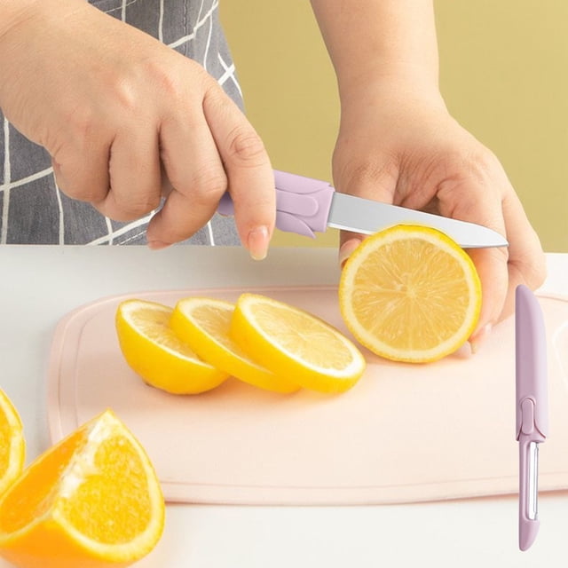 Juego de cuchillos pelar 2 en 1 | Peladora y cortadora de frutas multifuncional | Cuchilla de acero inoxidable, mango ergonómico, portátil para cocina y viajes | Azul/Rosa/Verde, diseño compacto de