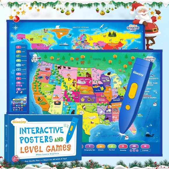 Qiaojoy Bilingual Interactive for Kids Talking USA Map World Map for Kids Learning, Geography Toys Games Educational Electronic Map Person