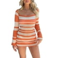 thumbnail image 2 of Biekopu Women's Summer Knit Slim Dress, Stripe Print Long Sleeve Crochet Eyelet Hollow Out Short Dress, 2 of 9