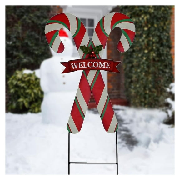 Merry Christmas Garden Stakes Hanging Candy Cane Welcome Sign Indoor Outdoor Xmas Winter Holiday Decoration for Yard Lawn Pathway Walkway Wall Art Party Supplier