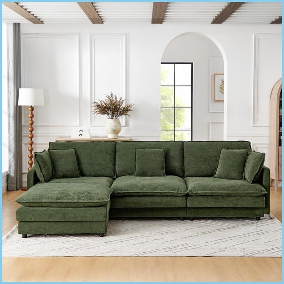 Modern L-Shaped Sectional Sofa with Ottoman - 4 Seater Towel Fabric Couch for Living Room, Convertible & Sturdy