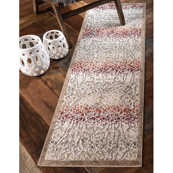 Unique Loom Ithica Indoor/Outdoor Modern Rug Beige/Brown 2' x 6' 1" Runner Damask Modern Perfect For Patio Deck Garage Entryway