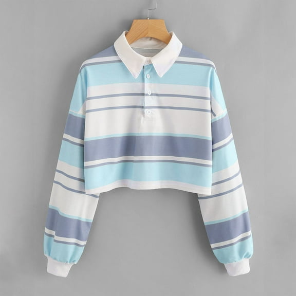 Qetyuw Striped Crop Sweatshirt for Women Button Turn Down Collar Pullover Long Sleeve Color Block Tops Loose Fit Sport Blouse