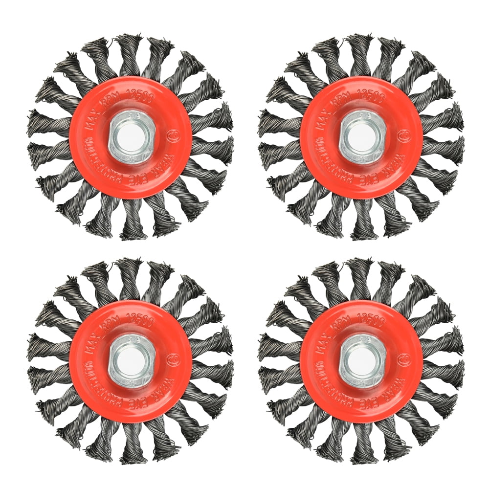 4 Pack Brush,  4 Inch Twist Knotted Wire Cup Brush, Twist Wire Wheel for Grinders, 5/8'-11 UNC