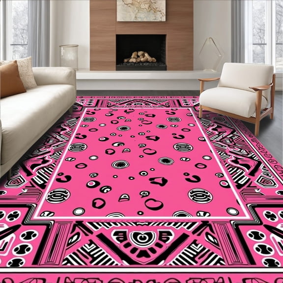 ODIKA 4'x6' Machine Washable Non-Slip Area Rug, Vintage Ranch Spotted Holiday Decorative Accent High Traffic Rug, Pink, 613995