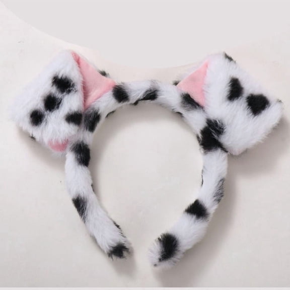 Dalmatian Dog Ear Headband for Kids Adults, Plush Black and White Spotted Puppy Costume Accessory with Pink Inner Ears for Halloween, Animal Cosplay, School Plays, and Dress-Up Parties