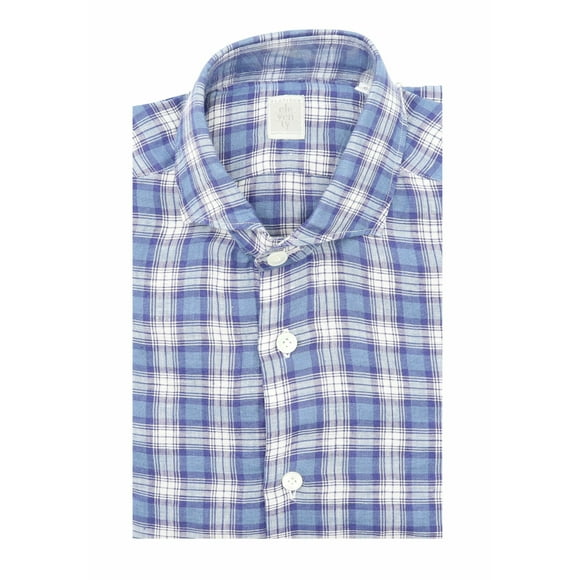 Eleventy Men's Navy / Light Blue Washed Linen Plaid Sport Shirt Dress - S