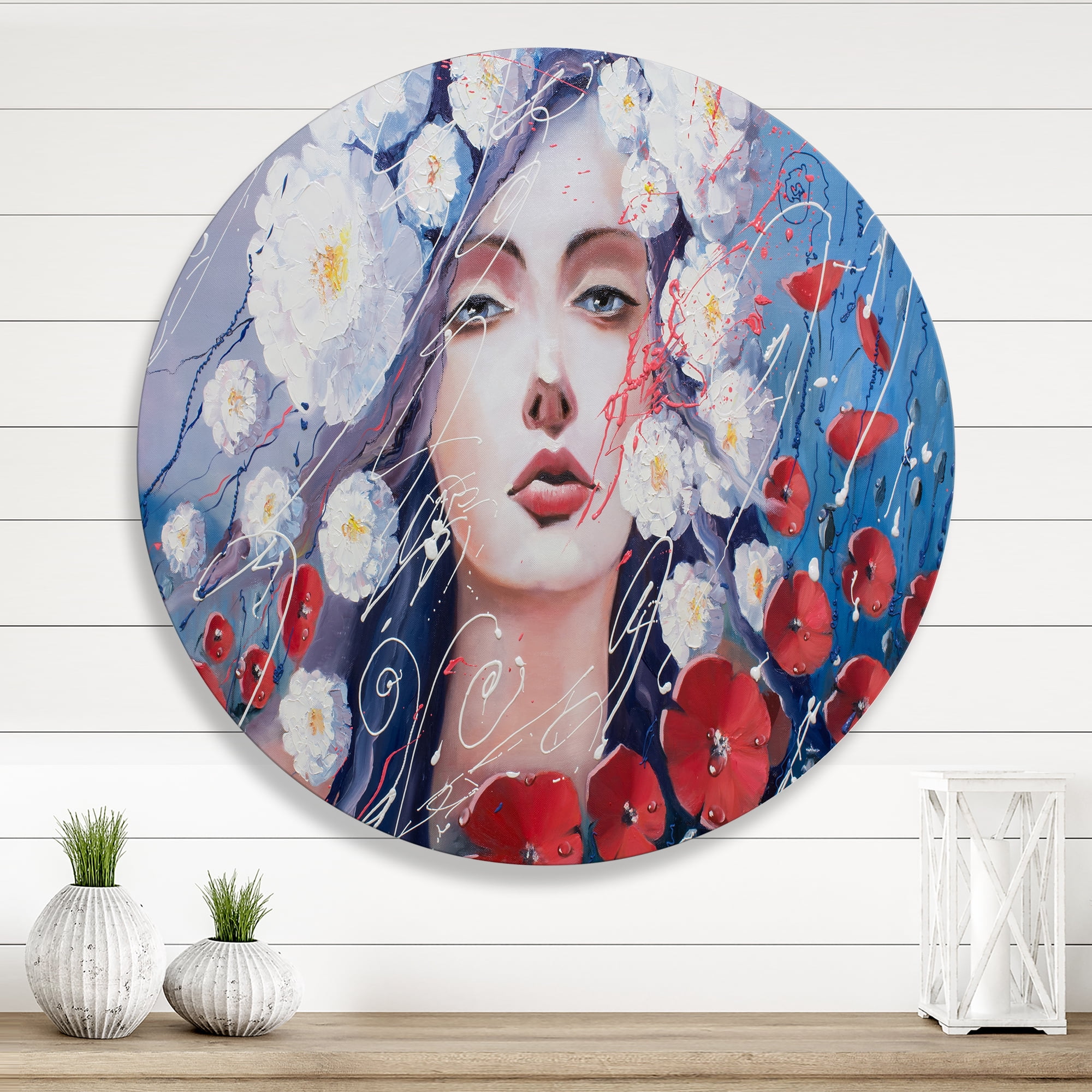 Designart 'Portrait Of A Young Lady With Red & White Flowers' Traditional Circle Metal Wall Art 11x11 - Disc of 11