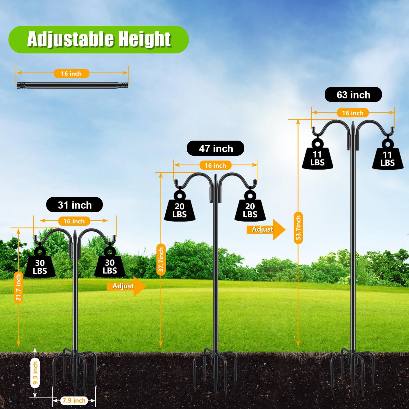 Double Shepherds Hook For Outdoor  2 Pack 63 Inch Heavy Duty Bird Feeder Pole 5/8 Thick Garden Hooks Hanging Hummingbird Plant Baskets Solar Light Lanterns