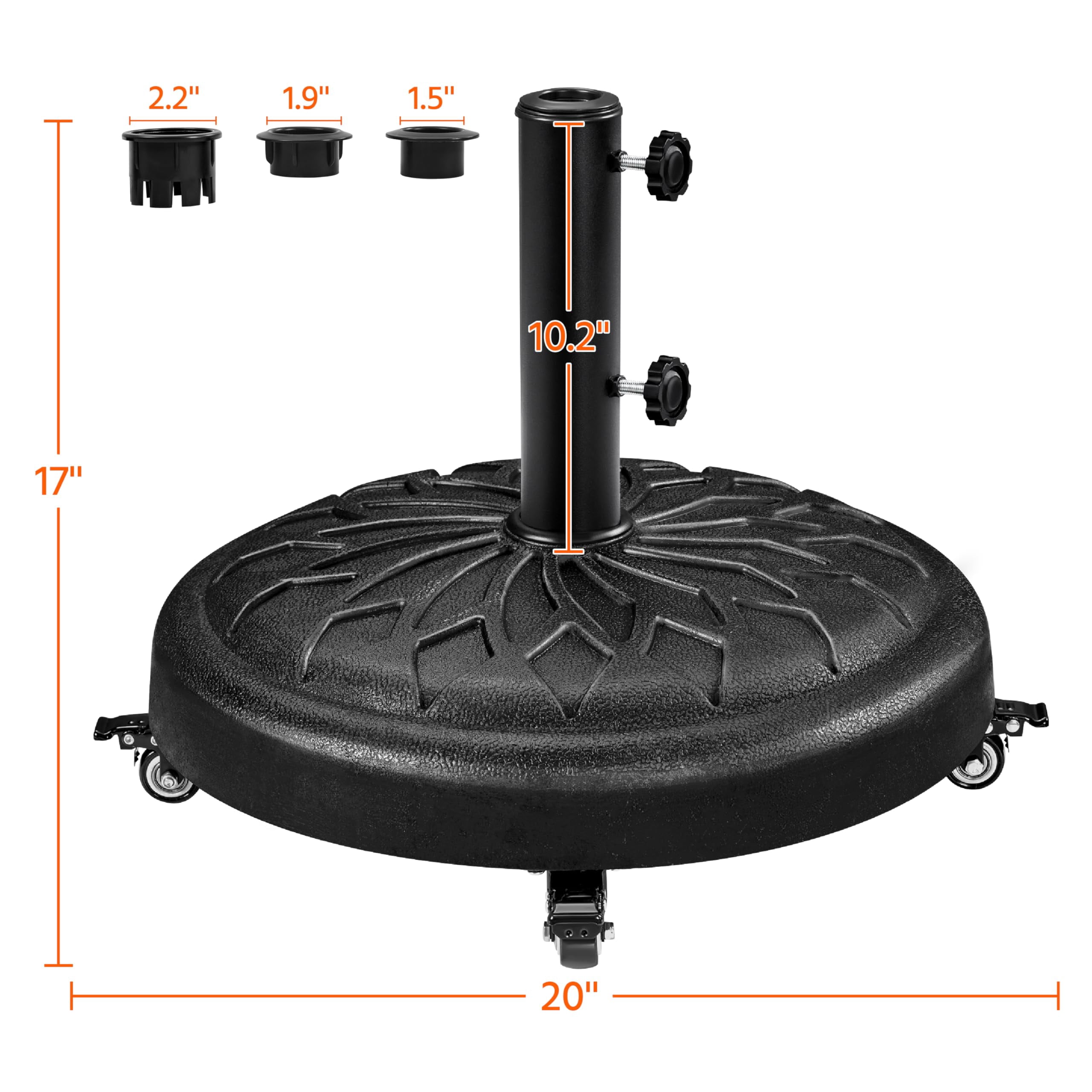 Heavy Duty 45lb Round Umbrella Base with Lockable Wheels, 20 Inch Market Patio Umbrella Stand for Garden, Yard, Outdoor Use, Fits Standard Umbrella Poles, Black