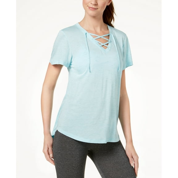Ideology Womens V-Neck Lace-Up T-Shirt,Breezy Sea,XS