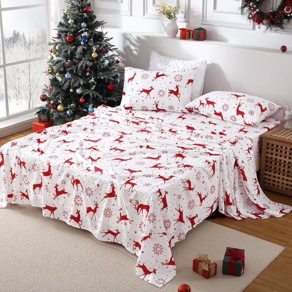 Christmas Bed Sheets Queen/King Size - Soft Brushed Microfiber Holiday Sheet Set | 16 Inch Deep Pocket Fitted Sheet, Flat Sheet & Pillowcases | Wrinkle & Fade Resistant for Cozy Winter Nights
