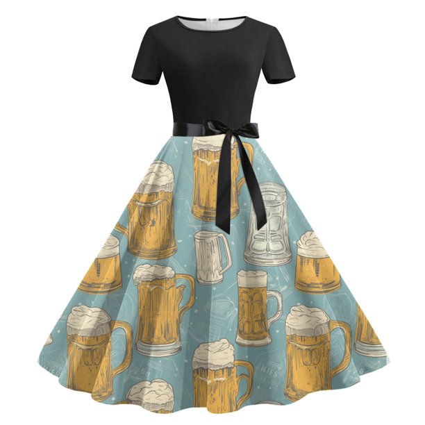 Puntoco Hies Vestido De Manga Corta Para Mujer, Vestido De Fiesta Con Cuello Redondo Y Estampado Oktoberfest, Negro S,Regalos Para Mujer Joven