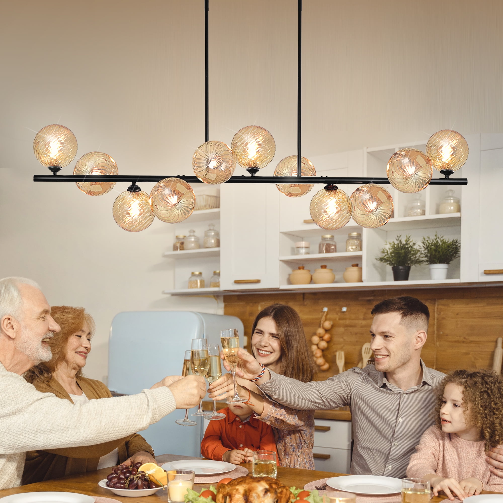 Lzawvm Linear Chandelier for Dining Room with Amber Swirled Glass Globe Dining Room Light Fixture 11-Lights Pendant Lights Kitchen Island for Living Room Sputnik Black 51inch
