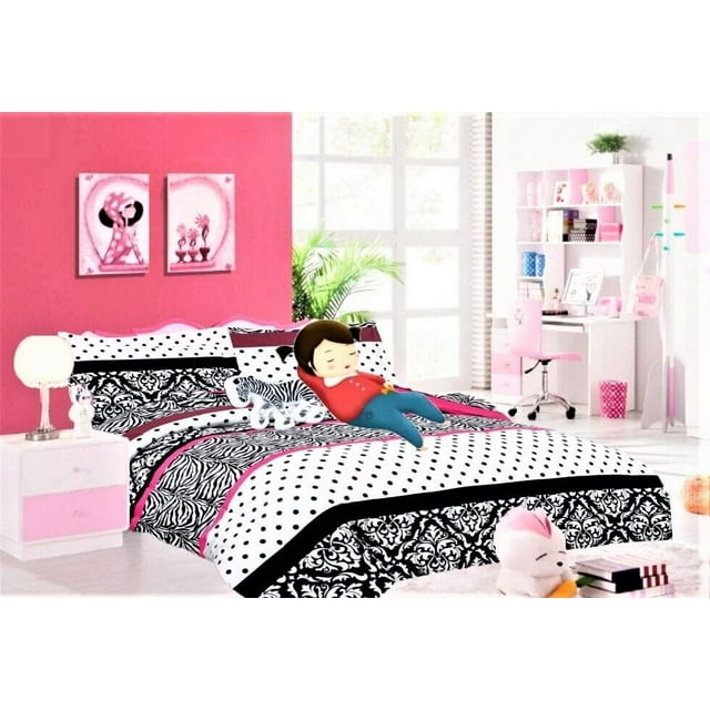 Juego de cama individual de 6 piezas con edredón y sábanas en bolsa de color rosa cebra para niños y adolescentes, ideal para la decoración de dormitorios de niños y niñas.