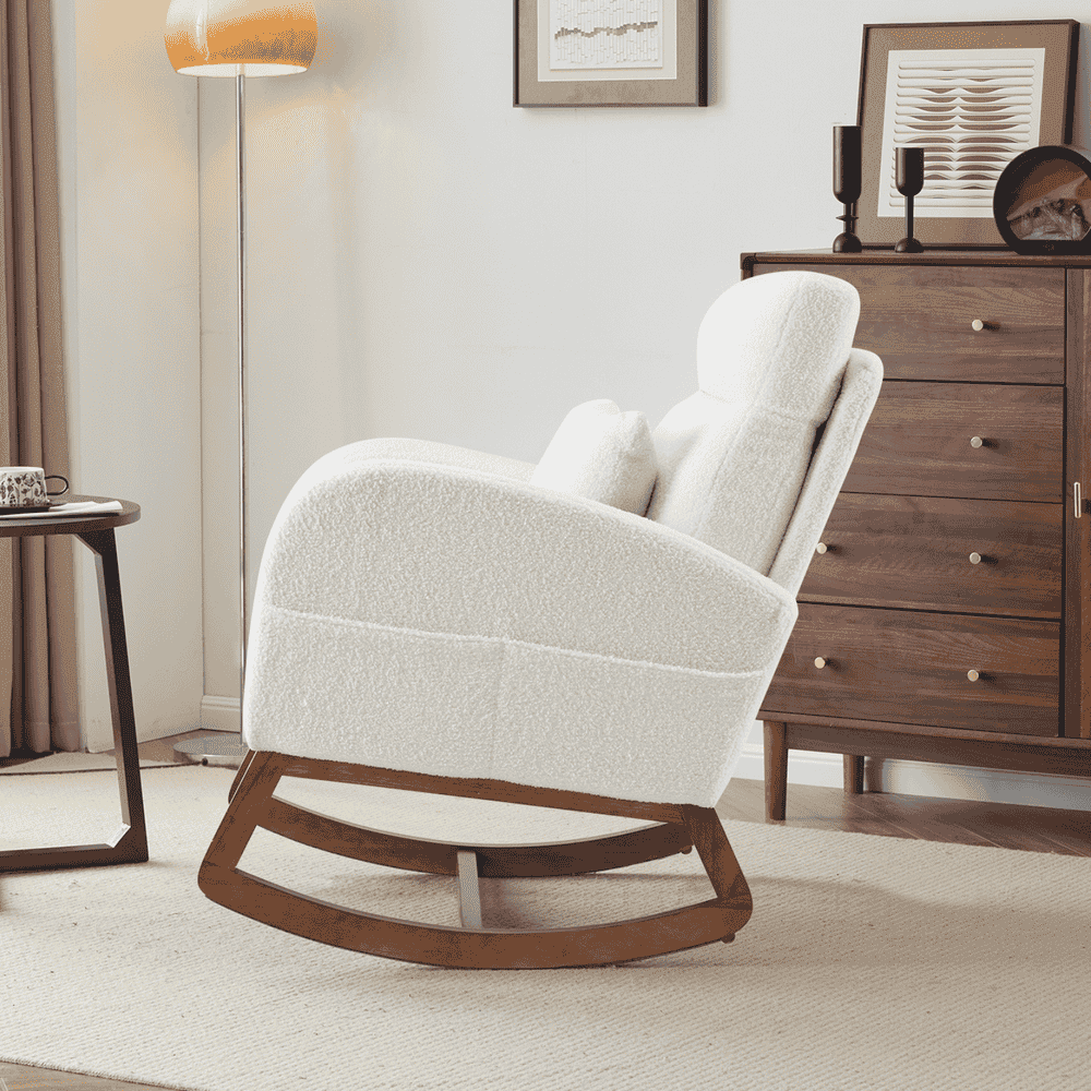 GVN Bedroom Rocking Chair Rocking Chairs & Gliders,White Rocking Chair Nursery With Thick Headrest, Modern Nursing Rocker Glider With Curved Armrest