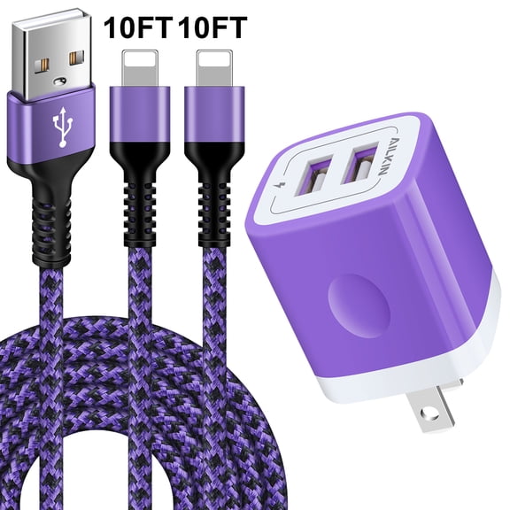 Compatible with iPhone Charger Cable Fast Charging AILKIN Charger Block with 2Pack 10ft Cords Dual Port USB Plug Power Wall Charger Blocks Adapter Compatible with iPhone 14/13/12/11（Purple)