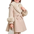thumbnail image 2 of Spazoro Girls Mid‑Length Overcoat with Decorative Belt, Solid Color Button Closure Warm Faux Fur Trim Long Sleeve Elegant Winter Outerwear Dress Coat Khaki Size 7-8, 2 of 8