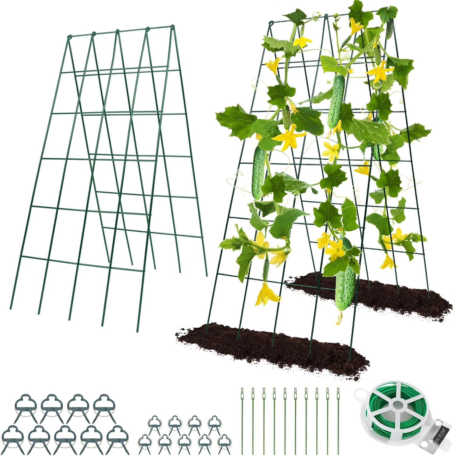 Cucumber Trellis for Raised Bed,  16.5 x 60 Inch Metal Trellis for Climbing Plants Outdoor with Plant Clips Twist Ties, Garden Plant A-Frame Trellis for Vegetable Pea Tomato (Green, 2 PCS)