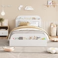 thumbnail image 3 of Twin Size Bed Frame, Wooden Beds with Storage Headboard and Raised-Foodboard Low Platform Bed Bedroom, Sturdy Wooden Slats Support, No Box Spring Needed, White, 3 of 7