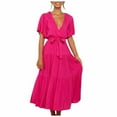thumbnail image 1 of Robes pour Femmes 2024 Été Oversize Décontracté Couleur Unie Col en V Lacé Manches Évasées Robe 50 % de Réduction Liquidation!, 1 of 6