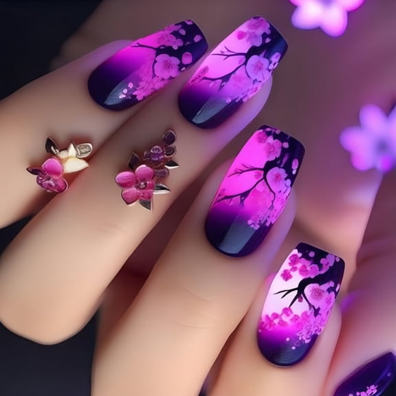 24Pcs Square Press on Nails Glossy Design French Fake Nails Acrylic False Nails,Artificial Nails Glues on Nails Womens