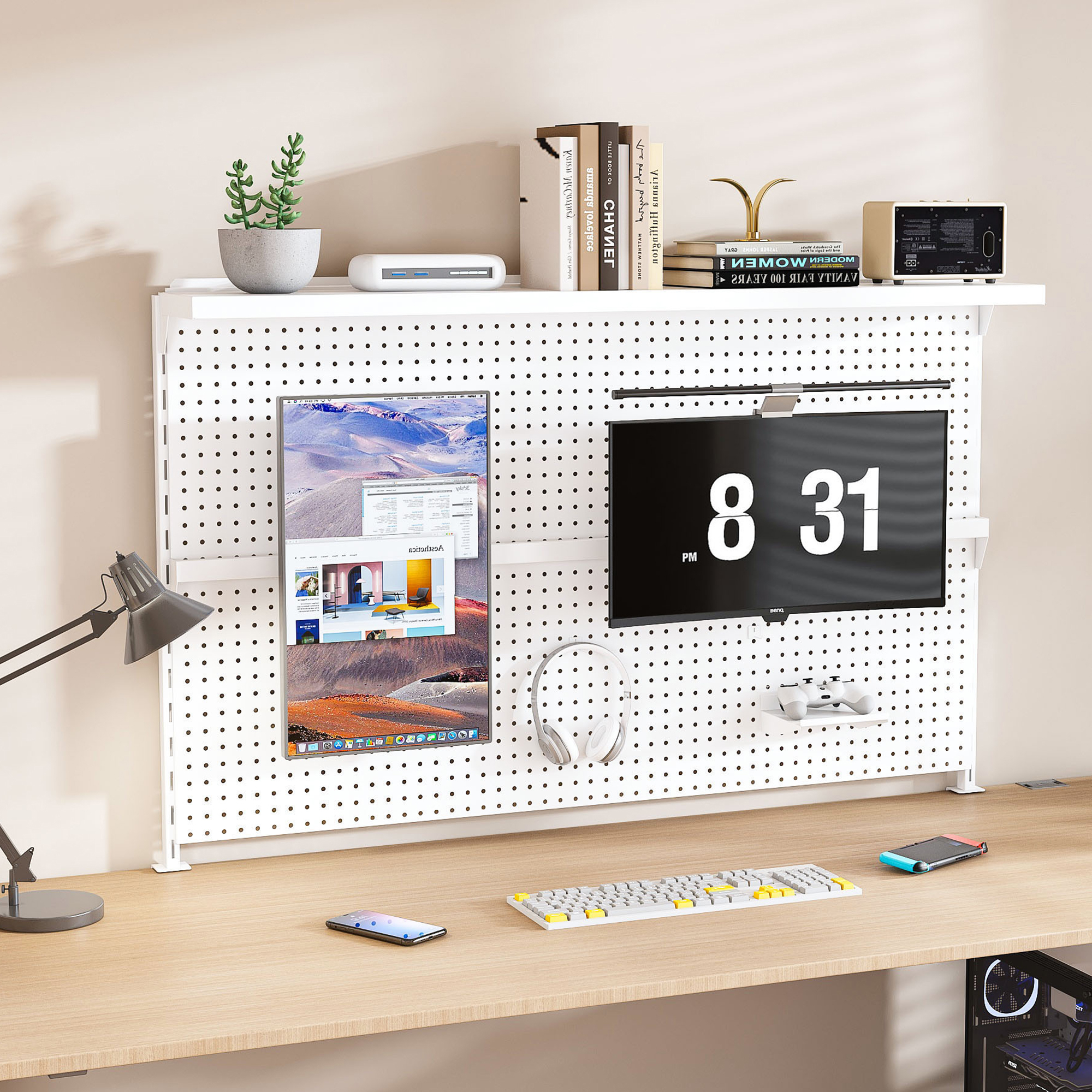 Montary Gaming & Office Desk Organizer with Dual Monitor Stand, 59x35" Metal Pegboard Privacy Panel, White