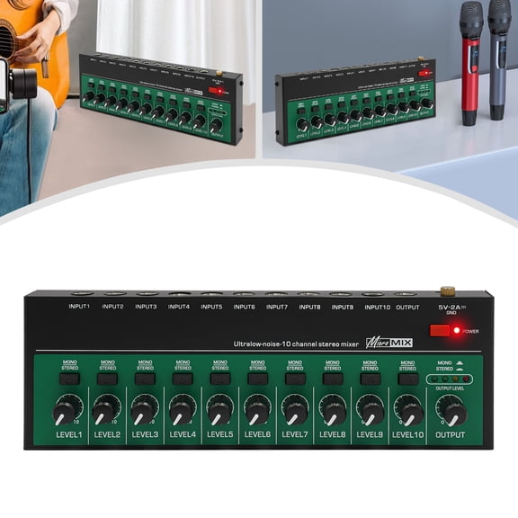 10 Channels Audio Mixer, Mini Audio Mixer, Audio Mixer w/USB Charging Cable&Plug for Recording Studios