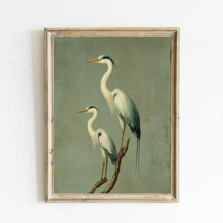Pair of Herons Print Poster Japandi Style Print Poster Elegant Wall Decor Japanese Minimalism Vintage Bird Art Poster E1153, Unframed Poster Size 8x12 F03.1.18l96