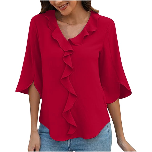 Timegard Tops for Women Petal 1/2 Sleeve Ruffle V-Neck Back Ruched Comfy Tee Summer Beach Casual Loose Top