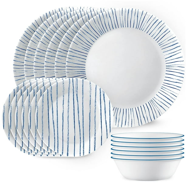 Corelle Juego De Vajilla De 18 Piezas Para 6 Platos Y Tazones Redondos Livianos, Juego Vitrelle De Vidrio De Triple Capa Resistente A Astillas, Apto Para Microondas Y Lavavajillas, Rayas Náuticas