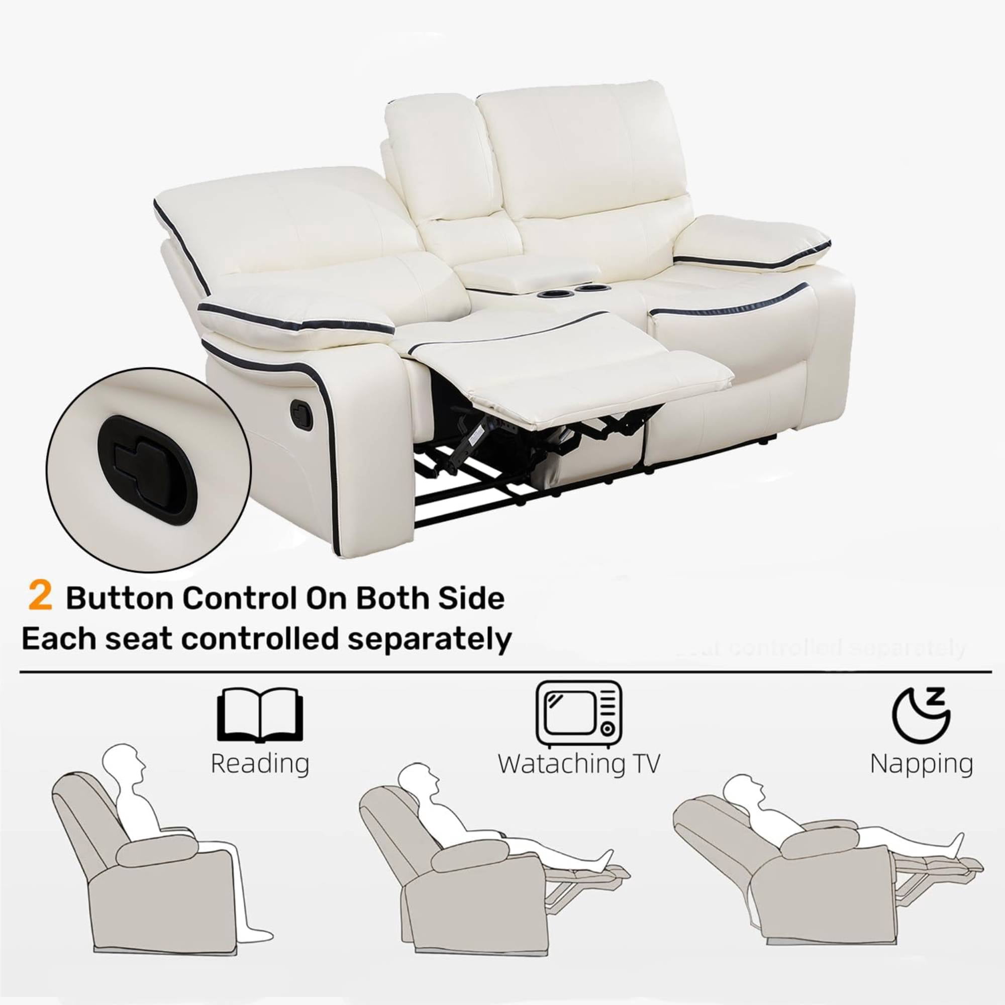 Manual Leather Recliner Chair Reclining Sofa Chair with Storage Console & Cup Holder for Living Room, White