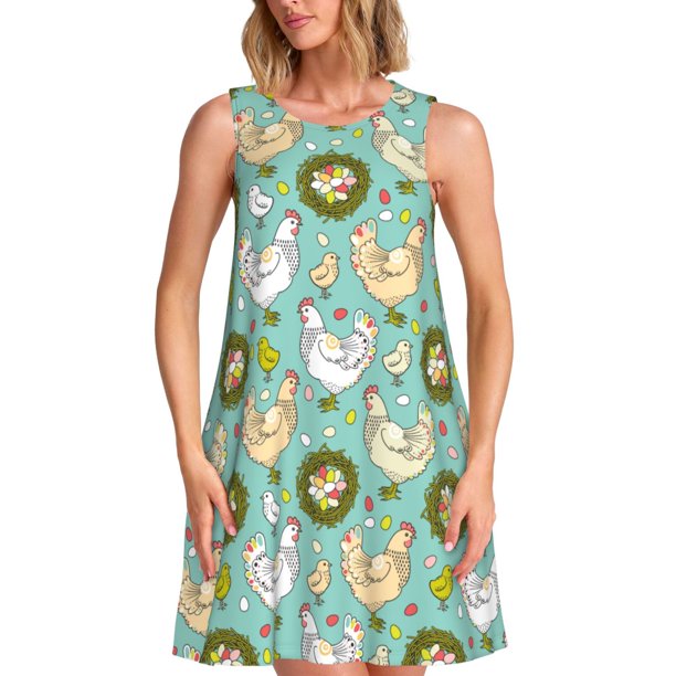 Fotbe Chicken Laying Eggs Vestido de Verano sin Mangas para Mujer – Vestido Midi Línea A, Estilo Camiseta Floral, Vestido Playero Casual y Fluido