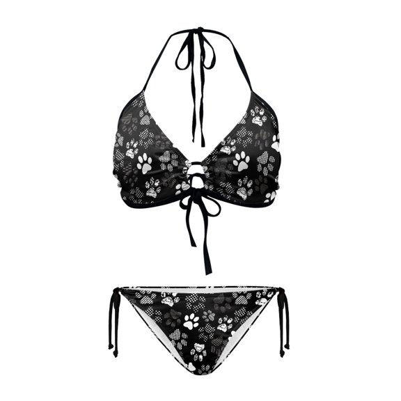 Chririnla Women's Halter Neck Two Piece Bikini Set - Cute White Paw Print Design - Quick Dry, Tie Side Swimwear for Beach Vacation & Pool Party
