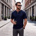 thumbnail image 2 of GrmtClth Men's Textured Knit Henley Shirt Short Sleeve Notch Neck Casual Top Soft Breathable Daily Wear Work Hiking Outdoor Activities Tee Navy M, 2 of 5
