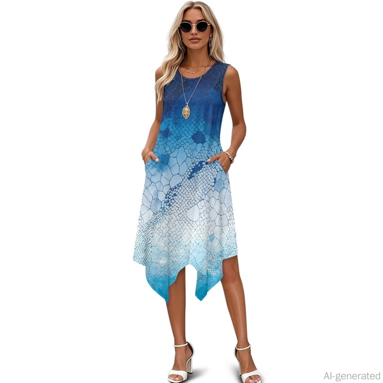 blue snakeskin dress HELLHERO Sleeveless Sundress, Print Asymmetric Beach Skirt, Pleated Breathable and Lightweight Ladies Irregular Hem Casual for Vacation Spell Rosalie Jacquard Slip