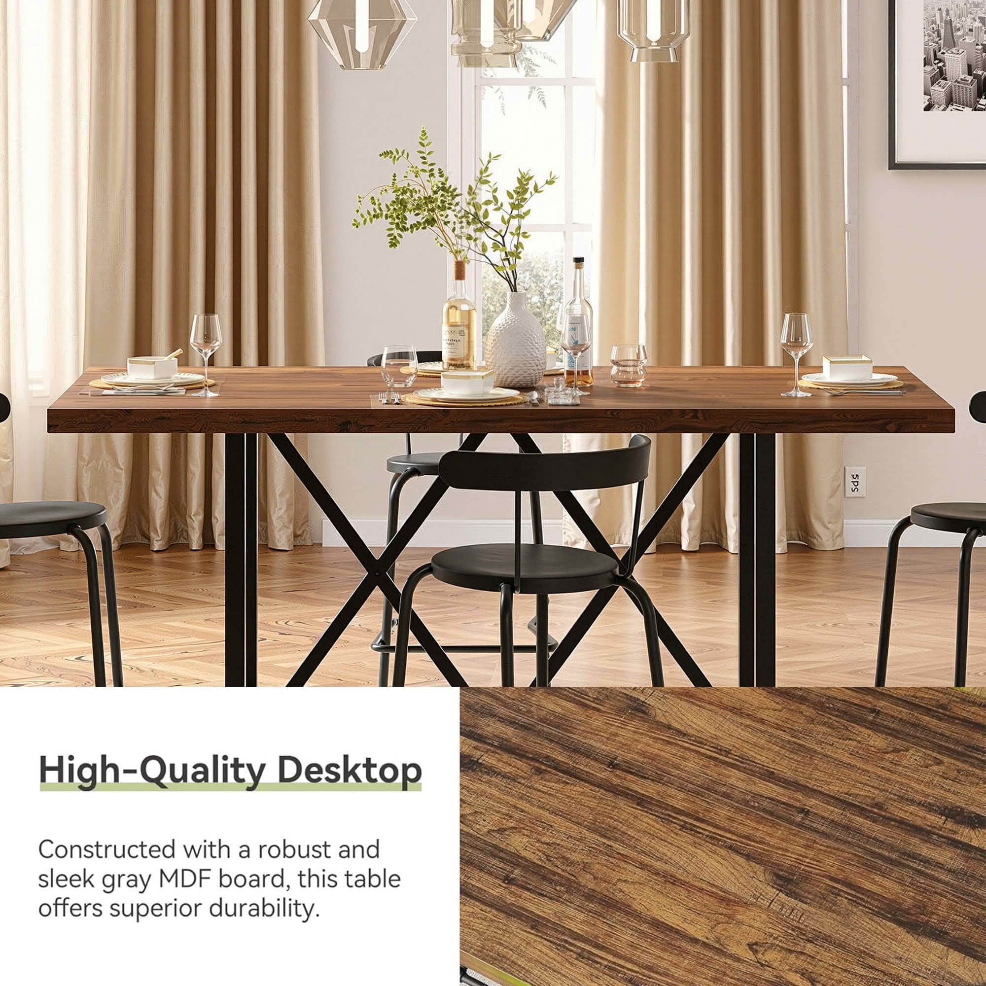 MAYEERTY 63 Inch Counter Height Rectangular Dining Table, Rustic Wood Metal Table Seats 6 for Kitchen Home