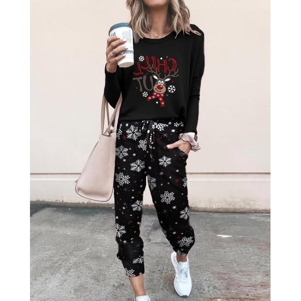 Sunloudy Conjunto de ropa de dos piezas de Halloween para mujer, jersey con estampado de esqueleto negro y pantalones con bolsillos, S/ M/ L Sunloudy moda