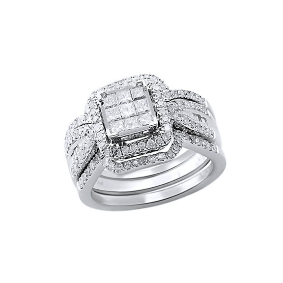 AFFY White Natural Diamond Bridal Set Ring In 10k White Gold (1 Cttw)