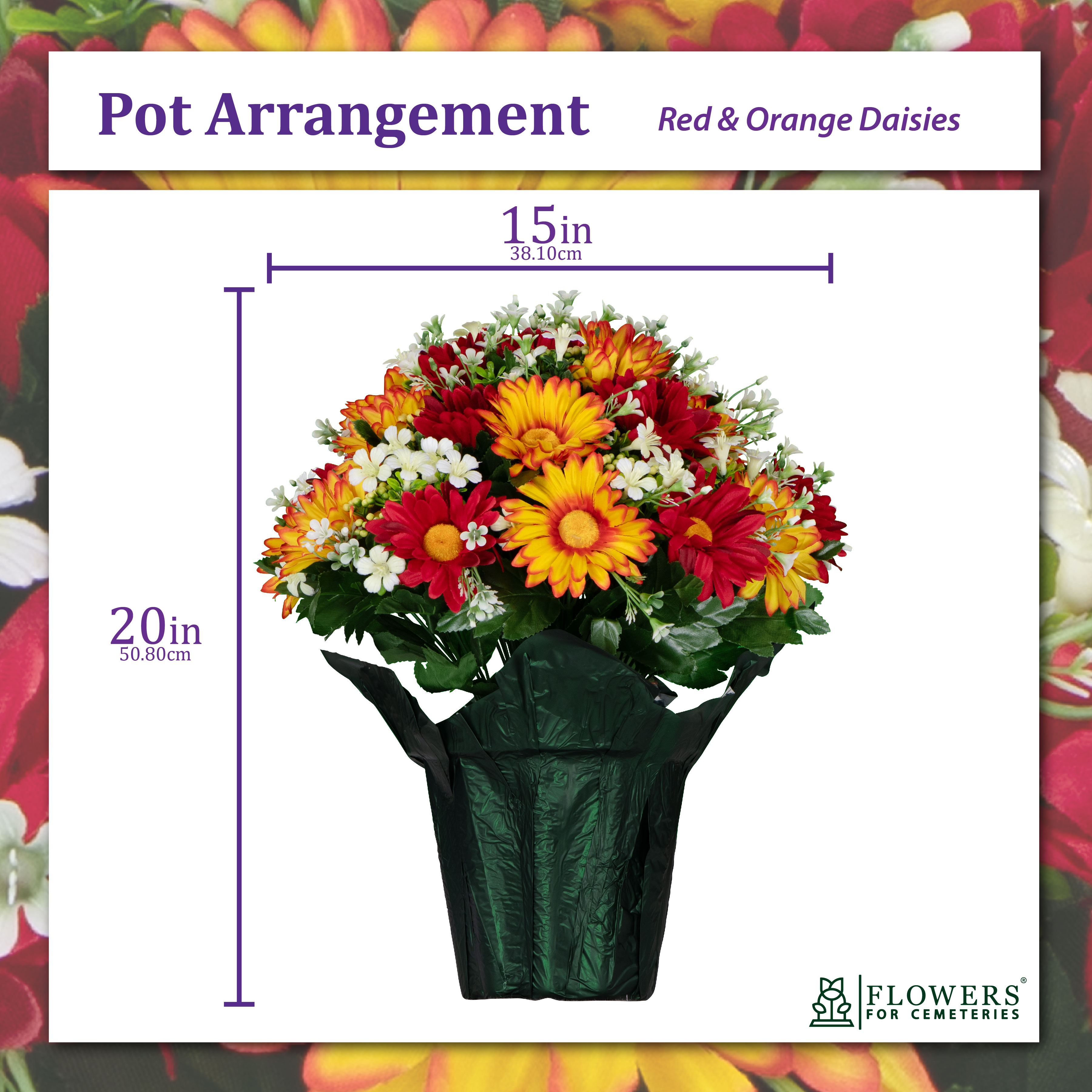 Sympathy Silks Artificial Flowers Red and Orange Daisies Weighted Flower Pot