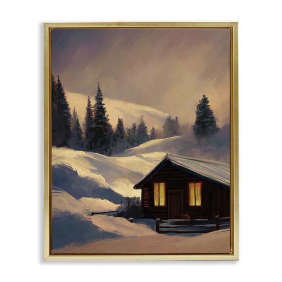 Stupell Industries Farmhouse Niveous Cottage Snow Scene Gold Floating Frame Canvas Art, 25 x 31, by Ziwei Li
