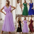 thumbnail image 2 of 2026 Summer New Women's Burgundy Sleeveless Pleated Midi Dress, V Neck Wrap Self Tie Waist Ruffle Shoulder Chiffon Formal Gown, 2 of 6