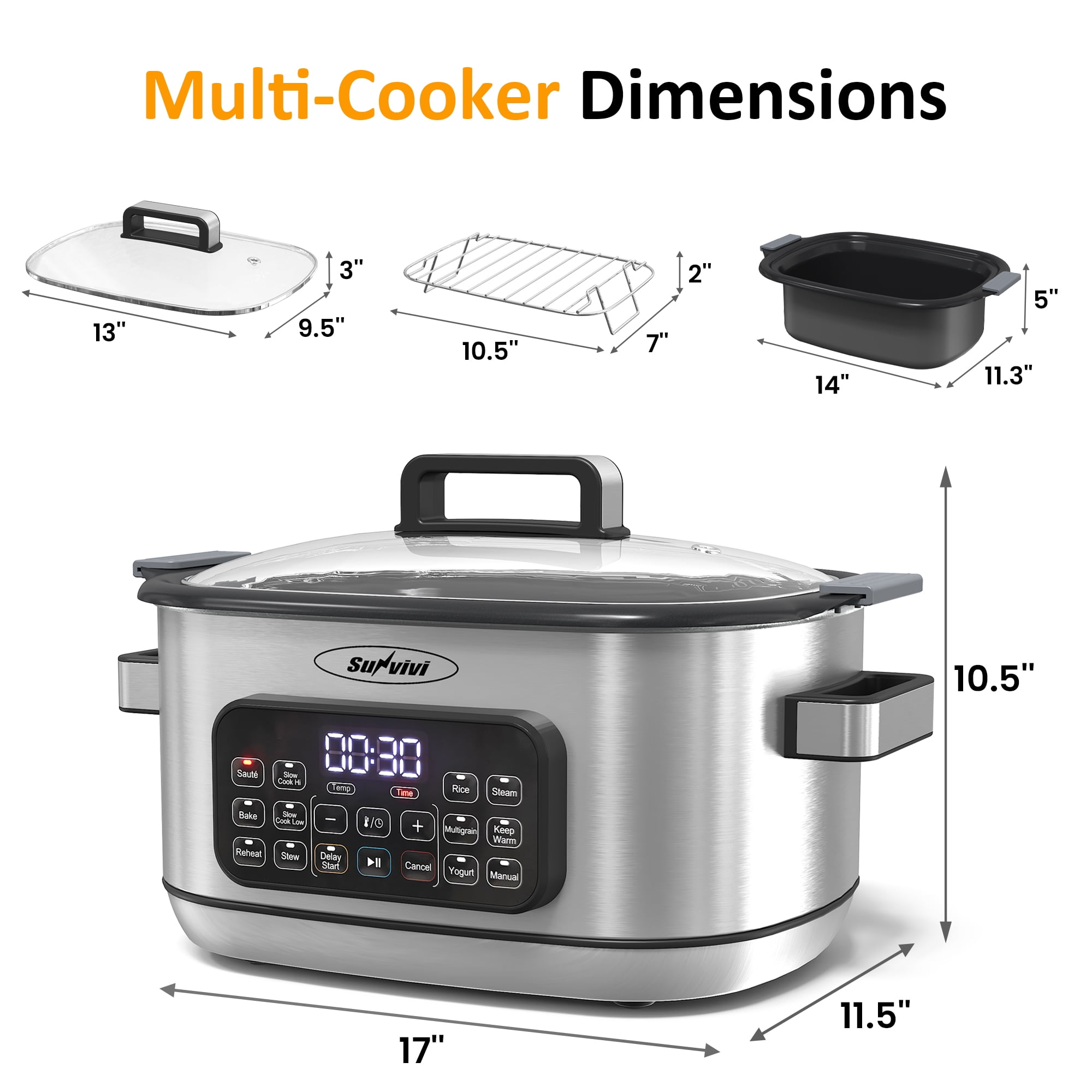 Sunvivi 6.5 Quart 12-in-1 Programmable Multi Slow Cooker, Food Warmer Pot with Digital Timer, Temp Control