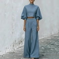 thumbnail image 4 of Womens Casual Two Piece Outfit High Neck Puff Sleeve Crop Top High Waist Wide Leg Pants Textured Casual Set Sky Blue XL(XL), 4 of 8