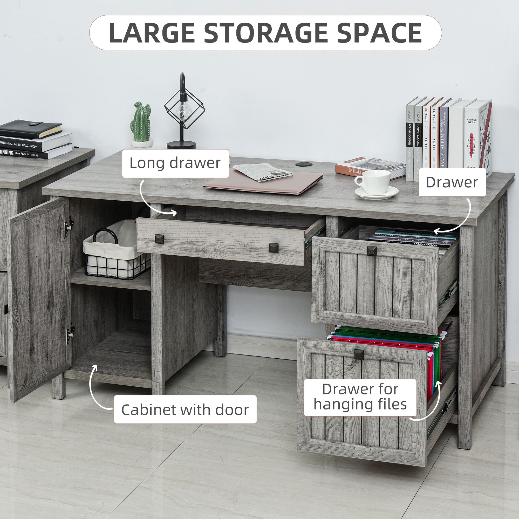 HOMCOM Vintage Executive Computer Desk, Home Office Work station, Student Table with Cabinet & 3 Drawers for Hanging Files, gray