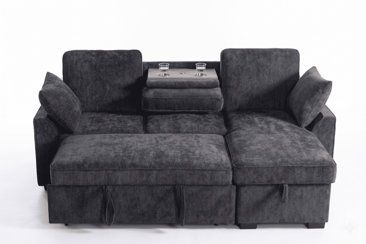 86" Sectional Sofa for Living Room, Convertible L Shaped Sleeper Couch with Pull Out Bed, Modular Chenille Sectional Couch with Storage Chaise, Cup Holders & Removable Tray, Adjustable Backrests